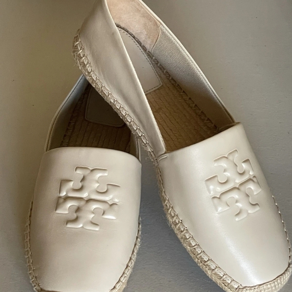 Tory Burch Cream Leather Espadrille Slip-On with Embossed Logo